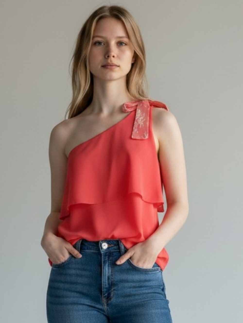 NWT Ginger G. Coral Ruffle One Shoulder Tank (M)